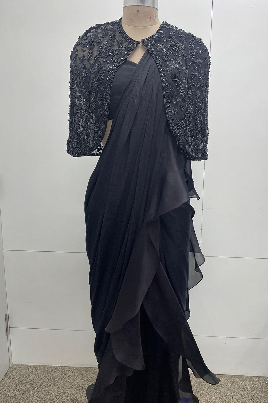 Stitched Ruffle Saree With Hand Embroidered Cape