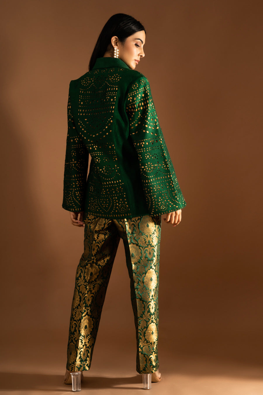 Silk lazer cut jacket brocade pant set