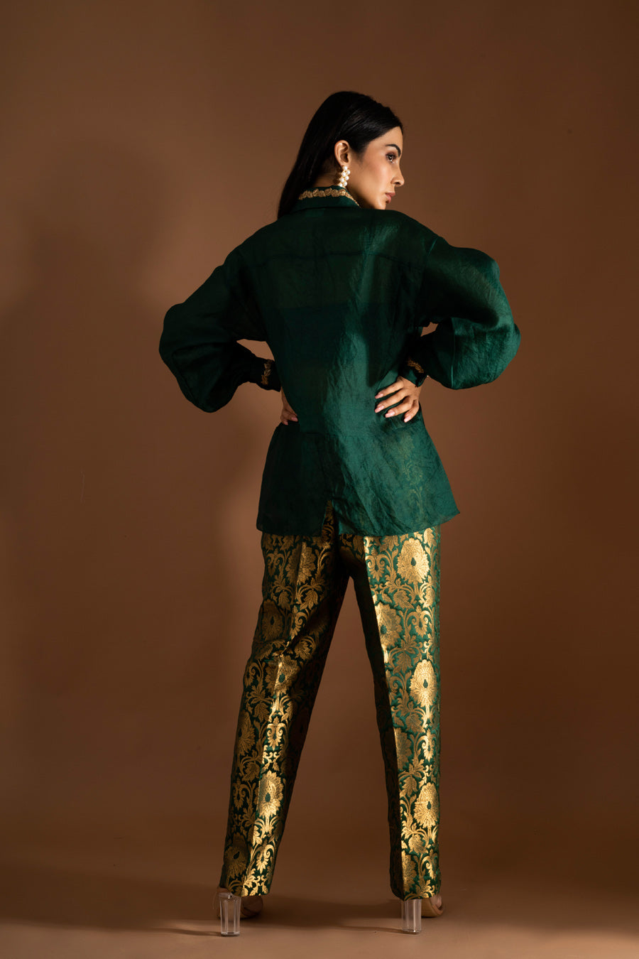 Maesta Milano | Green and gold brocade flared trousers suit